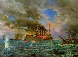 Картина "Бой крейсера "Варяг" и канонёрской лодки "Кореец" против 14 японских кораблей в корейской бухте Чемульпо".