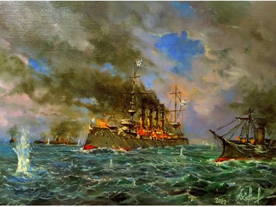 Картина "Бой крейсера "Варяг" и канонёрской лодки "Кореец" против 14 японских кораблей в корейской бухте Чемульпо".