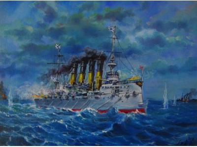 Картина "Бой крейсера "Варяг" против 14 японских кораблей в корейской бухте Чемульпо".